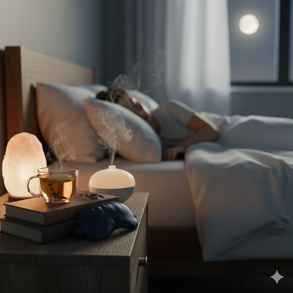 Calm evening routine with dim lighting and a comfortable bedroom