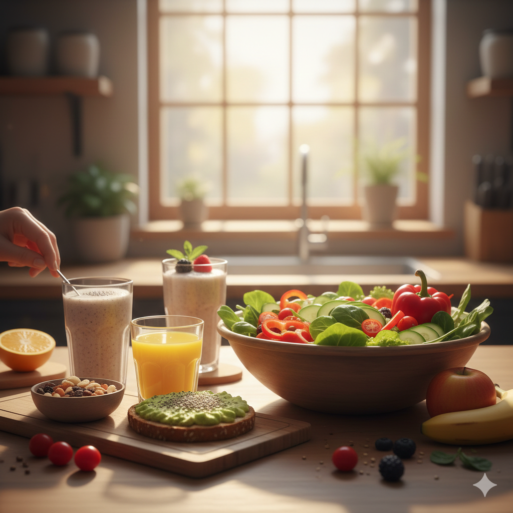 Balanced plate with protein, vegetables, and whole-food carbs